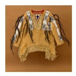 Men's tan suede beaded war shirt with horsehair accents and leather fringe