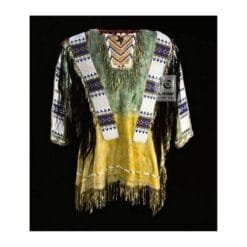Men's green and gold suede beaded fringe war shirt with horsehair accents