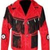 Men's Scarlet Frontier Fringe Suede Leather Jacket with black contrast fringe and braided trim