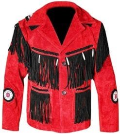 Men's Scarlet Frontier Fringe Suede Leather Jacket with black contrast fringe and braided trim