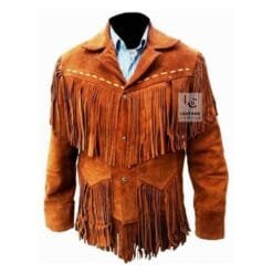 Men's Saddle Peak fringe suede leather jacket with Western yoke and cascading fringe