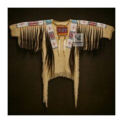 Men's Heritage War Bonnet Beaded Suede Leather Fringe Shirt with handcrafted shoulder beadwork and long leather fringe