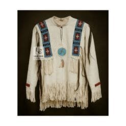 Men's natural buckskin beaded war shirt with turquoise medallion and horsehair accents