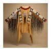 Man wearing brown suede western fringe shirt with beaded detailing and long fringe accents