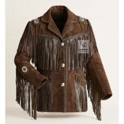 Men's Timber Ridge fringe suede leather jacket with artisan rosette accents and braided trim