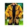 Men's golden canyon fringe suede leather jacket with braided Western trim and leather tie closure