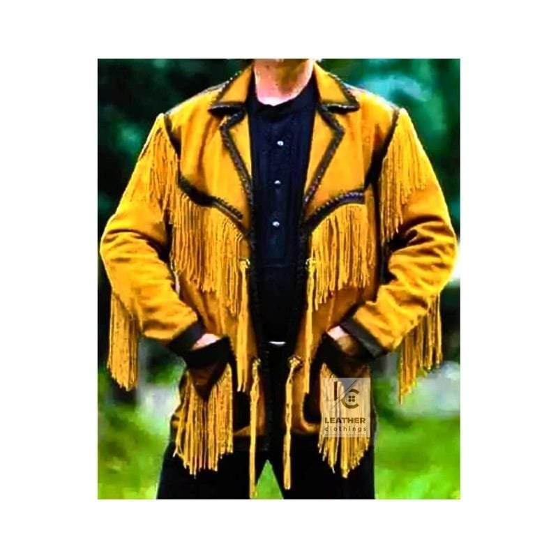 Men's golden canyon fringe suede leather jacket with braided Western trim and leather tie closure