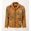 Men's golden prairie fringe suede leather jacket with braided trim and embroidered shoulder tabs