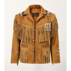 Men's golden prairie fringe suede leather jacket with braided trim and embroidered shoulder tabs