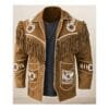 Men's heritage buckskin fringe suede leather jacket with whipstitch trim and rosette appliqués