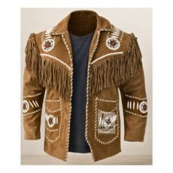 Men's heritage buckskin fringe suede leather jacket with whipstitch trim and rosette appliqués