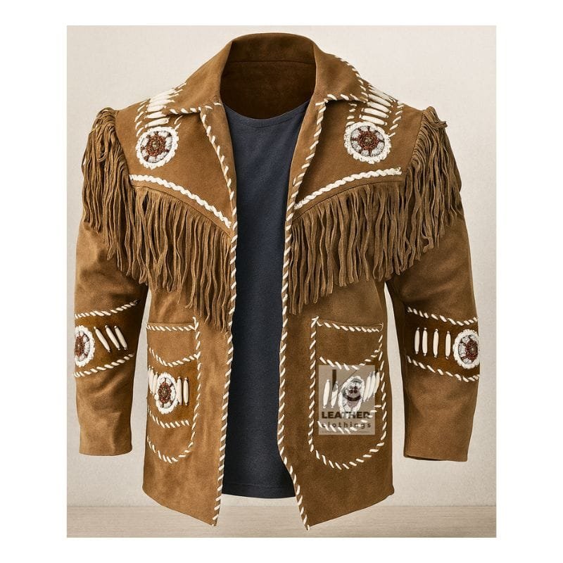 Men's heritage buckskin fringe suede leather jacket with whipstitch trim and rosette appliqués