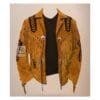 Men's tan goat suede fringe jacket with black chevron inlays, concho-style buttons, and cascading fringe
