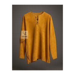 Men's golden buckskin fringe shirt with asymmetrical side fringe and lace-up neckline