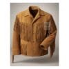 Men’s brown suede cowboy fringe jacket with snap button closure