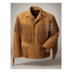 Men’s brown suede cowboy fringe jacket with snap button closure