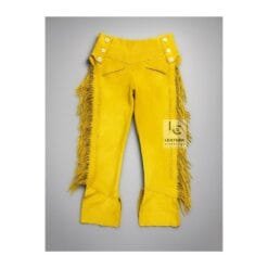 Men's yellow suede fringe pants with high-waisted Western waistband and side button fly