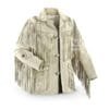 Men's ivory white cowhide suede fringe jacket with braided trim, embroidered shoulder panels, and concho-style medallions
