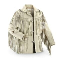 Men's ivory white cowhide suede fringe jacket with braided trim, embroidered shoulder panels, and concho-style medallions