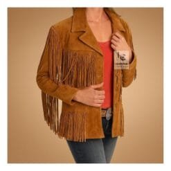 Ladies Brown Western Fringe Jacket – Genuine Suede Leather Cowgirl Coat with Long Tassels