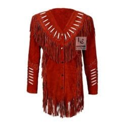 Women’s Cowgirl Western Red Suede Jacket With Fringes, Bones & Rivets WSJ1