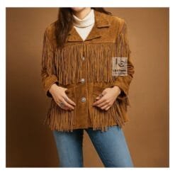 Chaqueta de ante marrón con flecos para mujer – Estilo vaquero occidental artesanal de Leather Clothings