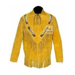 Men's Golden Prairie Beaded Suede Fringe Shirt with V-shaped beadwork and leather fringe