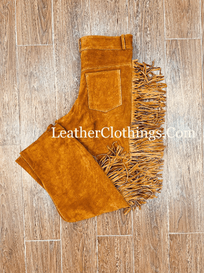 Men's orange brown suede fringe pants with full-length side fringe and Western-inspired styling