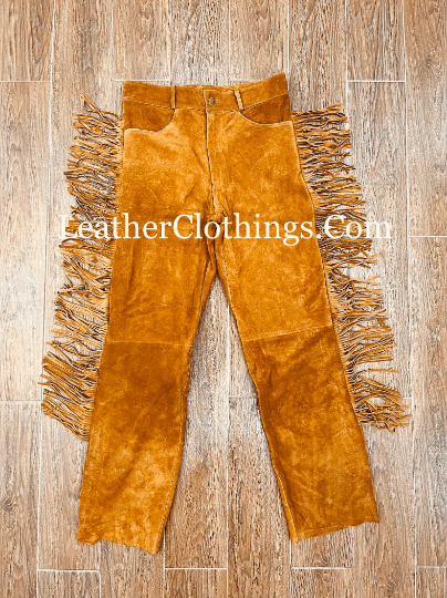 Western Tan Brown Suede Fringes Pant, MSP9C