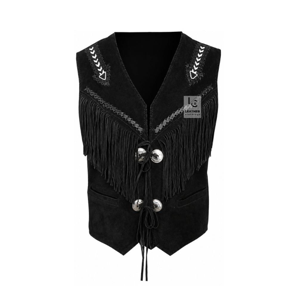 Men's Black Suede Fringe Concho Vest crafted from genuine suede leather