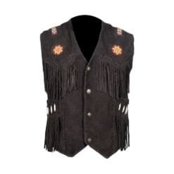 Men's Black Suede Fringe Vest with Beaded Medallions crafted from genuine suede leather