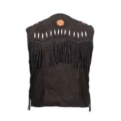 Men's Black Suede Fringe Vest with Beaded Medallions crafted from genuine suede leather Backside