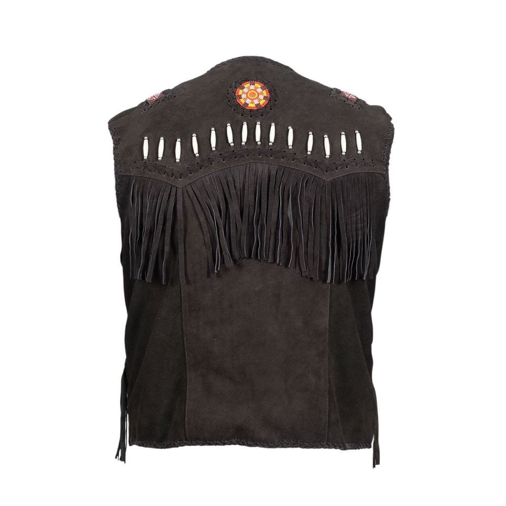 Men's Black Suede Fringe Vest with Beaded Medallions crafted from genuine suede leather Backside