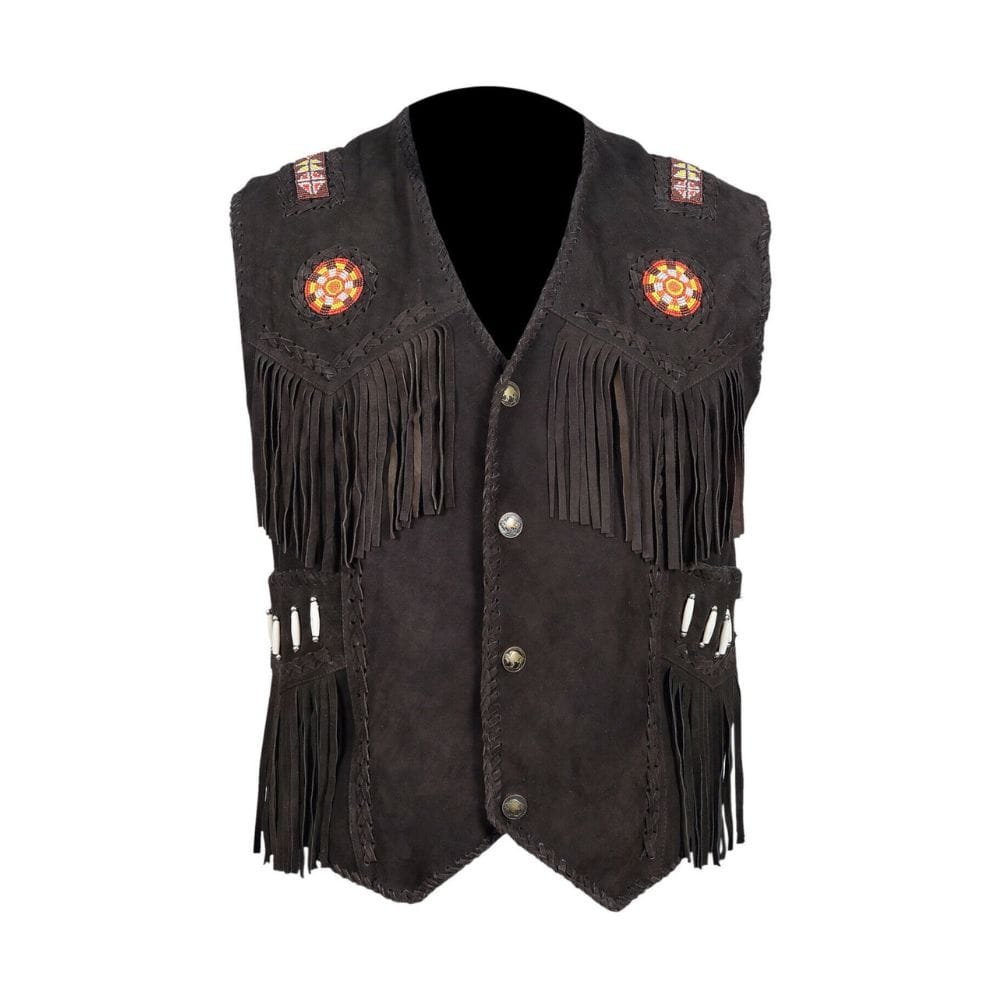 Men's Black Suede Fringe Vest with Beaded Medallions crafted from genuine suede leather