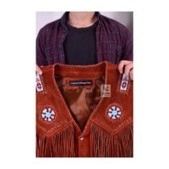 Men's Rust Red Suede Fringe Vest with Beaded Medallions crafted from genuine suede leather closeup