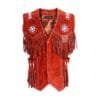 Men's Rust Red Suede Fringe Vest with Beaded Medallions crafted from genuine suede leather