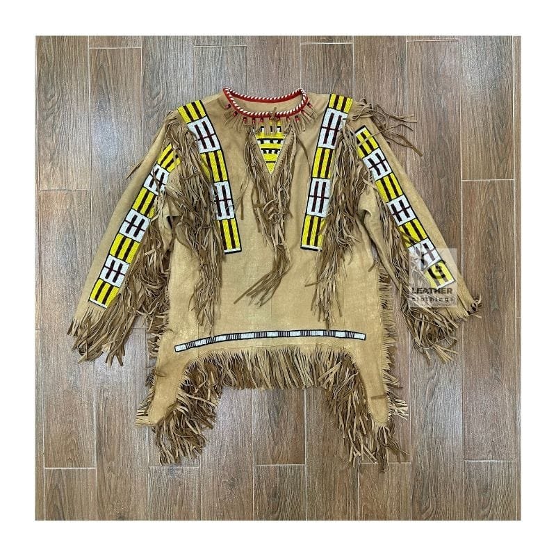 Men's tan suede beaded fringe war shirt with geometric beadwork and V-shaped chest insert