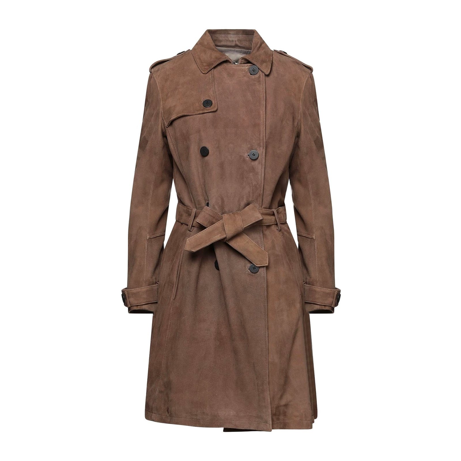 Women Brown Suede Leather Trench Coat, E23531