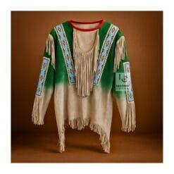 Men's two-tone green and beige suede beaded fringe war shirt with geometric beadwork