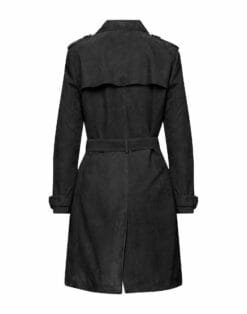Women Black Suede Leather Trench Coat, E23530