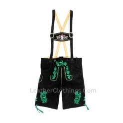Men's Bavarian black suede lederhosen with emerald green Alpine embroidery and traditional suspenders