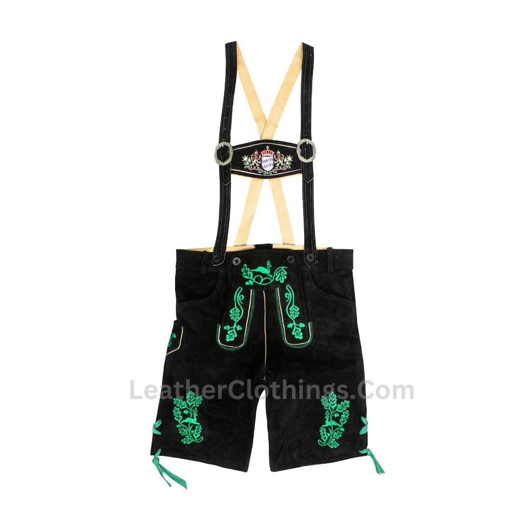 Men's Bavarian black suede lederhosen with emerald green Alpine embroidery and traditional suspenders