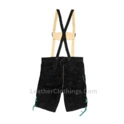 Men's Bavarian black suede lederhosen with emerald green Alpine embroidery and traditional suspenders