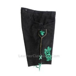 Men's Bavarian black suede lederhosen with emerald green Alpine embroidery and traditional suspenders