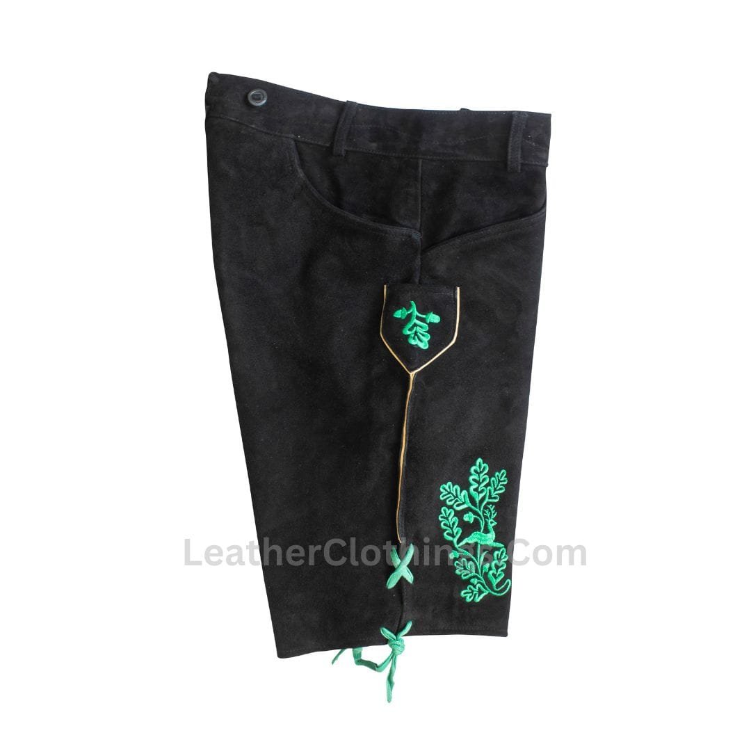 Men's Bavarian black suede lederhosen with emerald green Alpine embroidery and traditional suspenders