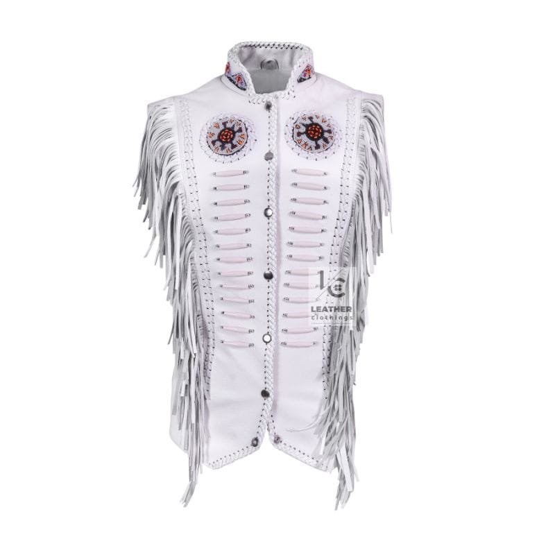 Men's White Fringed Leather Western Vest with Beaded Accents front and back views