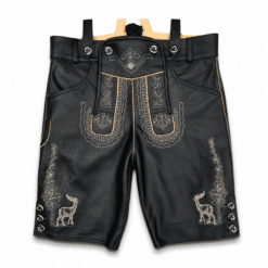 Men's Black Embroidered Lederhosen in genuine black leather with beige deer embroidery and suspenders