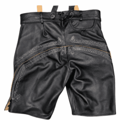 Rear view of black premium leather lederhosen featuring traditional beige embroidery, decorative braided stitching, rear pocket, and authentic Bavarian craftsmanship.