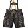 Men's black leather lederhosen with light beige Alpine floral embroidery and matching suspenders
