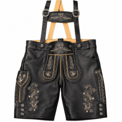 Men's black leather lederhosen with light beige Alpine floral embroidery and matching suspenders